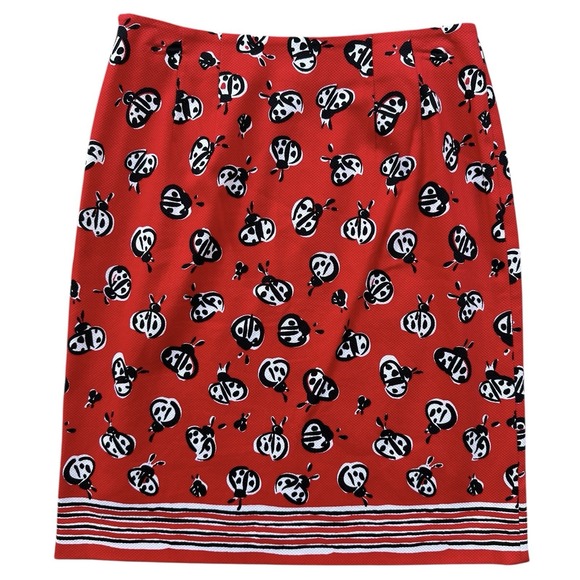 Talbots Stretch Midi Skirt  A-Line Women's‎ Size 6 Red Black Ladybug Print EUC - Picture 2 of 9